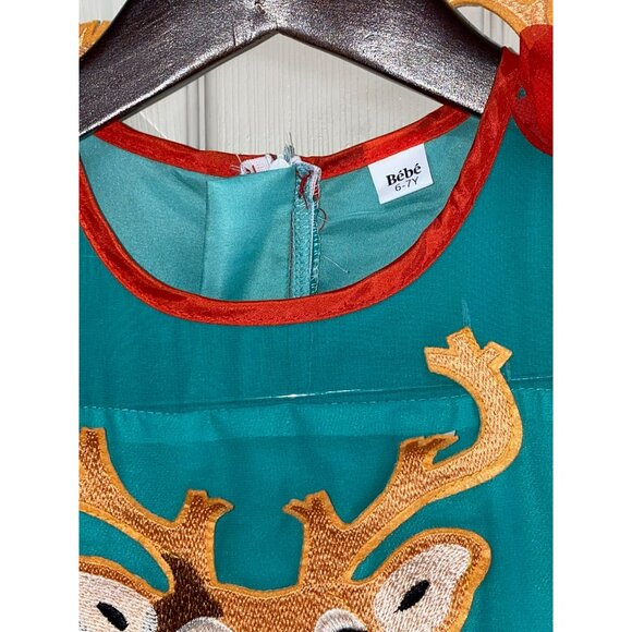New Girls Bebe Tulle Deer Dress With Floral Embellishments Size 6T Teal & Red Om - Picture 3 of 6